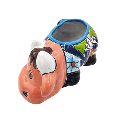 Mexican Talavera Resting Cow Planter Pot Hand Painted - Pink Body Color